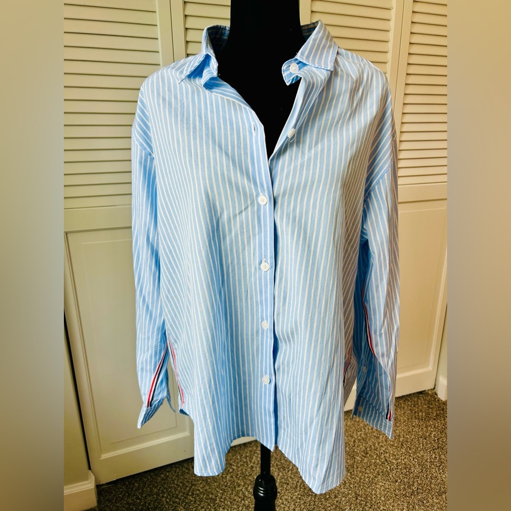Urban Daizy Blue Striped Shirt with red and dark blue accents.
